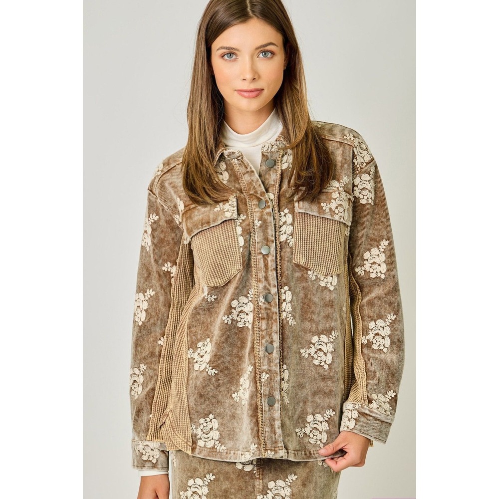 Mystree Washed Corduroy Floral Embroidery Jacket Toffee Small Shacket Boho NEW